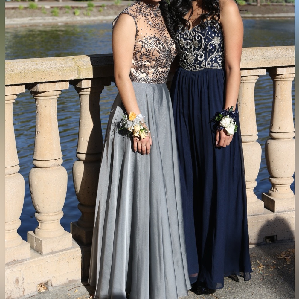 Sherri Hill Prom Dress in Champagne and Silver